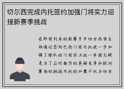 切尔西完成内托签约加强门将实力迎接新赛季挑战